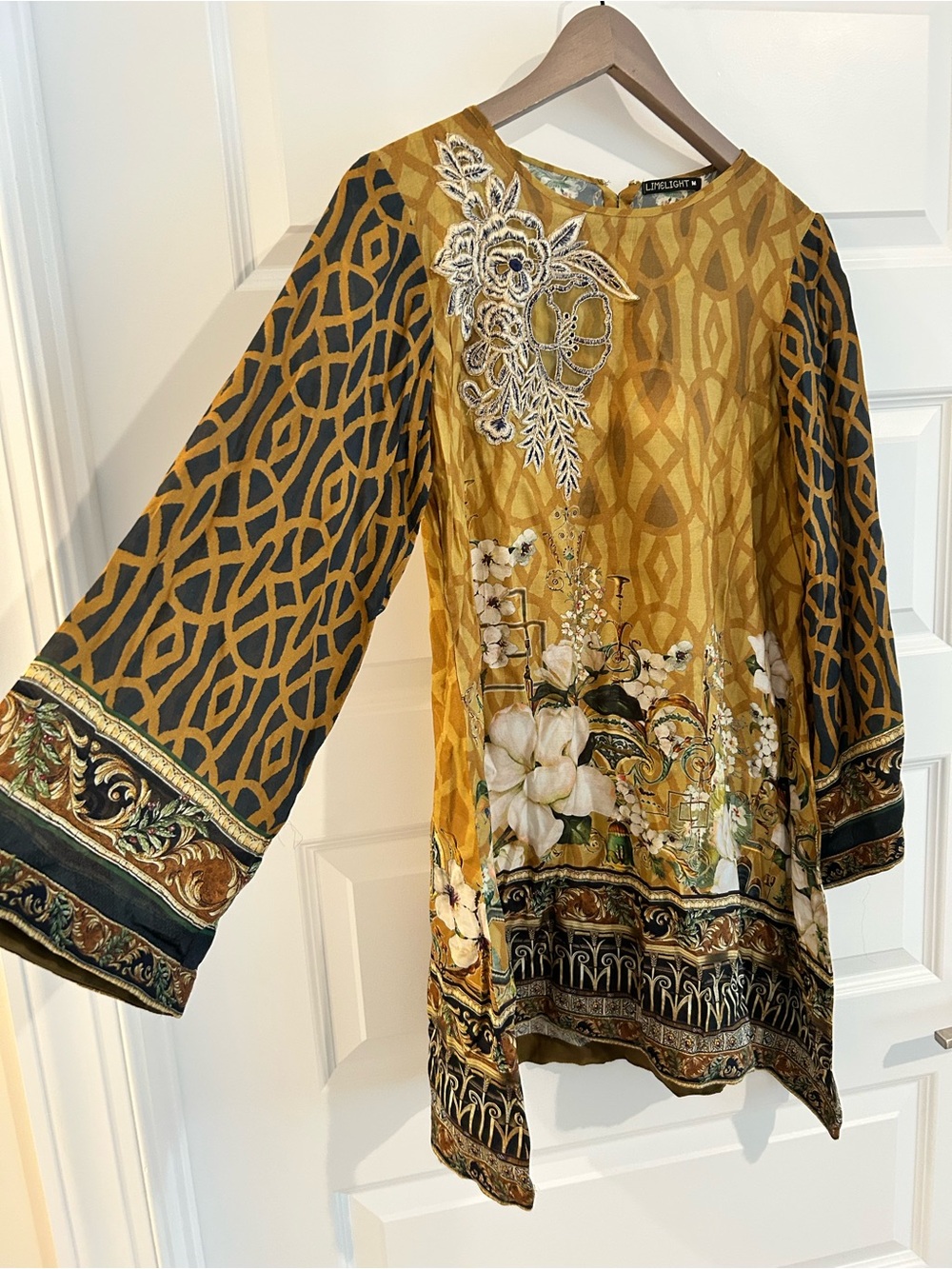 Indian Floral Kurta Tunic Partywear Brown Cream Size M